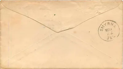 Carta postal enviada para John Anthony Ey em Smyrna, Delaware — selo de 3 centavos e carimbo de Smyrna — Verso