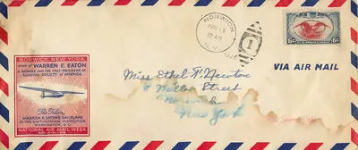 Norwich, New York — National Air Mail Week 1938 — Warren E. Eaton Sailplane — 6c US Air Mail