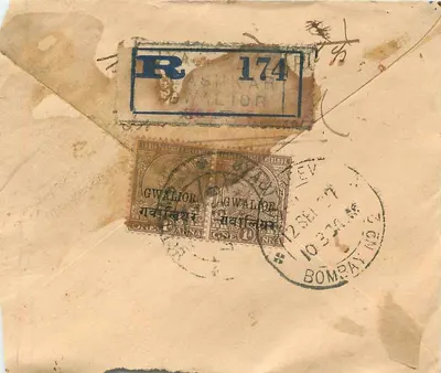 Indian Postcard — Gwalior to Bombay — 1 anna stamp and postmark — Back