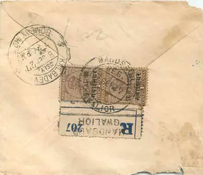 Lettera raccomandata — Gwalior, India — editore: India Postage — Verso