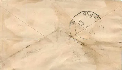 Karta pocztowa z Gwalior — Bhilwara — odbiorca w Caloorampi Shriram, Bhilwara, Indie — Rewers