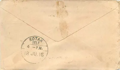 Gwalior — Kotah — postcard with Half Anna stamp and postmark — Back