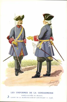Uniformes da Gendarmeria — Guarda da Maréchaussée e Tenente — 1756 — Auguy 1930