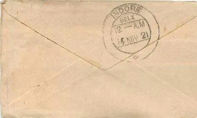 Gwalior — Envelope com selo Half Anna e carimbo de Gwalior — Indore Delx 14 nov 21 — Verso