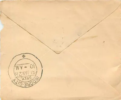 Indore City — Gwalior — antieke ansichtkaart met postzegel en stempel van Indore City — Achterkant
