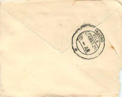 Indore — Lettera a Bagatramji Bachhbraj a Indore city — timbro di annullamento 'ONE ANNA' e timbro di Indore — Verso