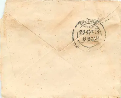 Postcard sent from Madras to Indore — Indian stamp and postmark — Back
