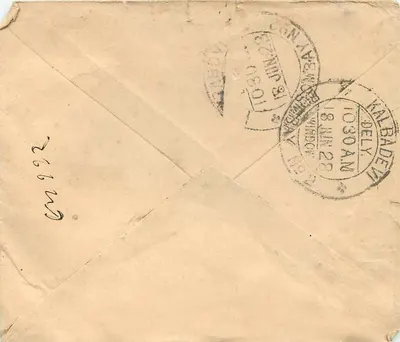 Bombay — Carta para Jibek Chandji em Kalsukraij — selo comemorativo da rainha Victoria — Verso