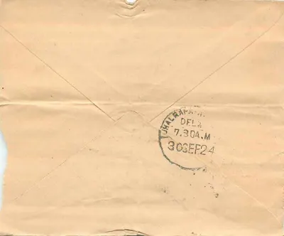 Postcard from India — text in Devanagari script — 1 anna stamp — recipient at Palam — Back