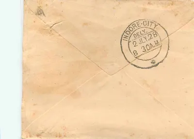 Indore City — brief aan Bagatramamji Bachhraj — zegel van 1 anna en poststempel van Indore — Achterkant