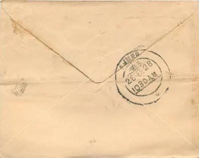 Carta postale indiana — timbro indiano, 1 anna, cancellatura Ajmer 26 febbraio 1928 — testo in scrittura devanagari — Verso