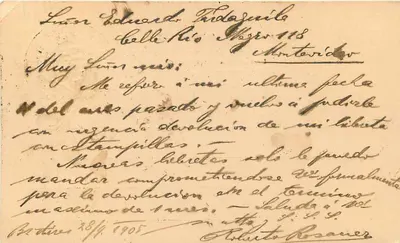 Buenos Aires — carta postal com texto manuscrito — União Postal Universal, República Argentina — Verso