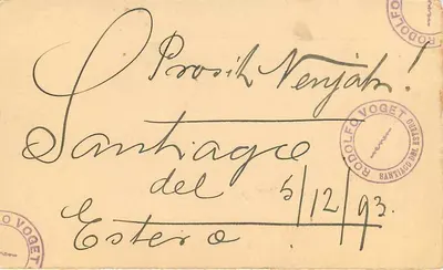 Santiago del Estero — Korespondencja do Oldenburg — Wydawca Rodolfo Voget — Rewers