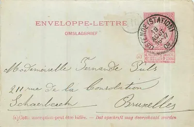 Bruxelas — Envelope- carta para Madame Fernande Puls — Editor anônimo, número de série não visível