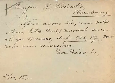 Roucy — Carta postal belga datada do 21 outubro 1885 — editada por Cheruy & Window-Classe — Verso