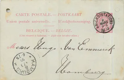Hamburgo — Carta postal belga datada de 3 de março de 1893 — editor anônimo
