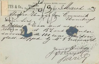 Hamburgo — Carta postal belga datada de 3 de março de 1893 — editor anônimo — Verso
