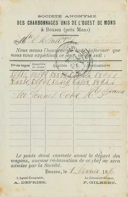 Boussu — Sociedade dos Charbonnages Unis de l'Ouest de Mons — carta postal universal — Verso