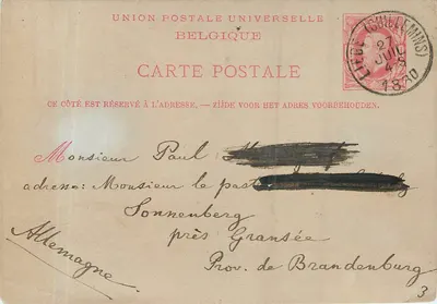 Carta postal belga — União Postal Universal — datada 27 julho 1880 — editada pela Bélgica