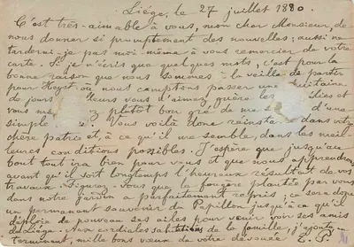Carta postal belga — União Postal Universal — datada 27 julho 1880 — editada pela Bélgica — Verso