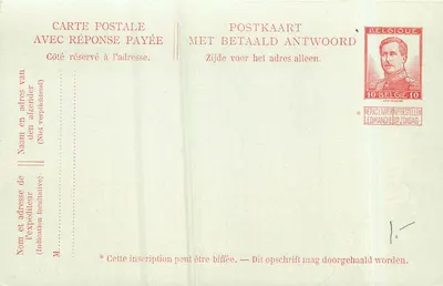 Carta postal com resposta paga — Bélgica — selo de 10 belgas