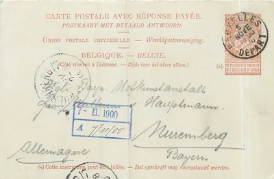 Bays - Nuremberg - Carte postale avec réponse payée, édition universelle belge, datée 7-11-1900