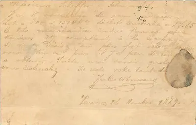 Verrières (Stazione) — cartolina postale datata 26 novembre 1889 — editore non identificato, numero di serie non visibile — Verso