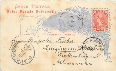 Palmas e pássaro — União Postal Universal — Editor Casa da Moeda, número de série não visível