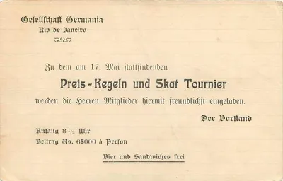Rio de Janeiro — Torneio de Kegeln e Skat — Gesellschaft Germania — Verso