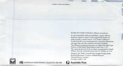 Hibiscus meianuensis — Flora da Expedição de Cook — Australia Post — Verso