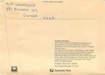 Desert Rose — Emblema floral do Território do Norte — Australia Post No: 050 — Verso