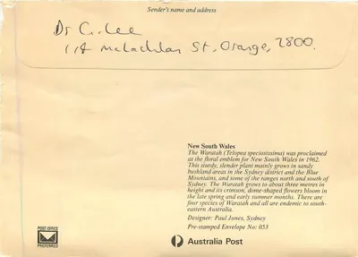 Waratah — flor emblemática da Nova Gales do Sul — Australia Post, série 053 — Verso