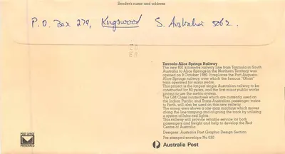Abertura da linha Tarcoola-Alice Springs 1980 — Australia Post, n° 030 — Verso