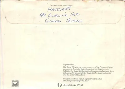 Sugar Glider — Australia Post — Envelope pré-estampado n° 023 — Verso