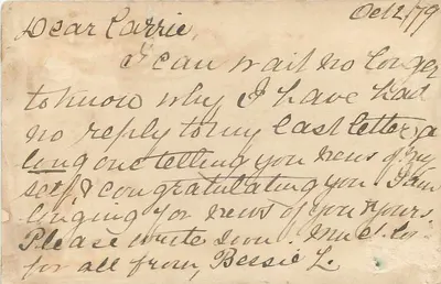 Karta pocztowa Kanada — Wielka Brytania — Miss Carrie Fluit — 1879 — Rewers