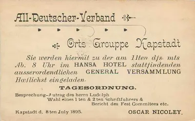अच्छा आशा के कैप — All-Deutscher-Verband Ortsgruppe Kapstadt — प्रकाशक ओस्कर निकले — पीछे