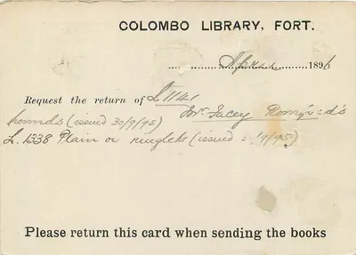 Ceylon — karta pocztowa biblioteki — Ceylon Postage, 2 centy — Rewers