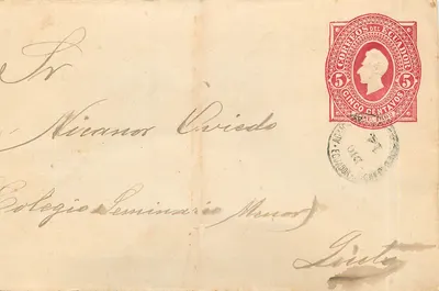Carte postal equatoriana — selo de 5 centavos 1892 — destinada ao Colégio Seminário Menor