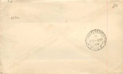 San Fernando — Chili — pieczęć fioletowa 5 centymów Francja — Rewers