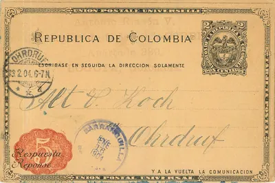 República da Colômbia — resposta postal — editor Antonio Rincón V.