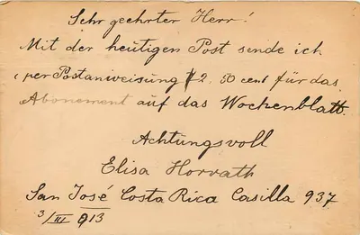Carta postal Costa Rica — correspondência para New York — editor American Banknote Co. N.Y. — Verso