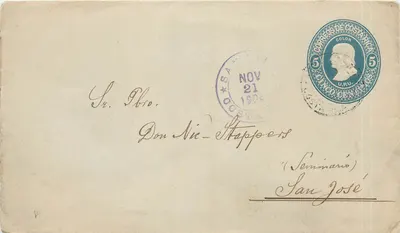 Carta postal do Costa Rica — selo de 5 colones — datada 21 de novembro de 1904 — destinada a San José