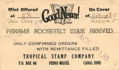 Emissão Roosevelt do Panamá Chegou — Tropical Stamp Company — Zona do Canal — Verso