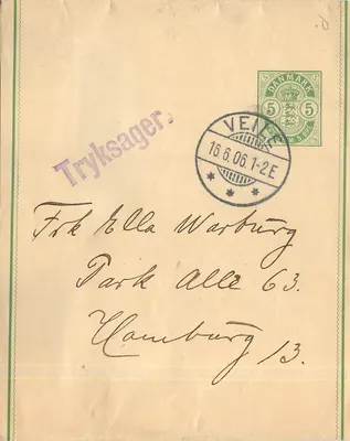 Carta postal comercial — editor Sophus Warburg & Søn, Vejle — selo 5 d'après 1906
