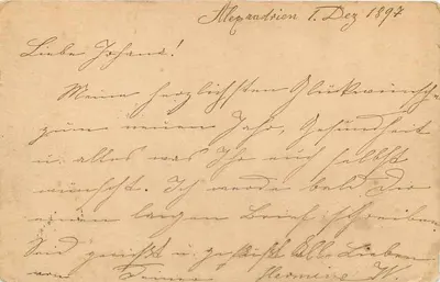 Carta postal egípcia — União Postal Universal — destinada a Fraulein Yahana Lanz em Frauenstein — datada 1º de dezembro de 1894 — Verso