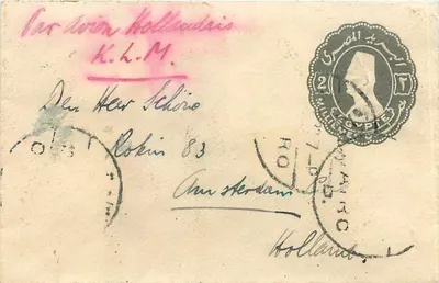 Carte postal egípcia — selo de 2 mill. Egito — destinada a Amsterdam, Holanda
