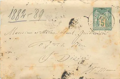 Carta postal para M. e Mme Paul Guittiere em Saint-Dizier — selo 5 centavos República Francesa