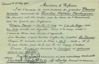 Cartolina commerciale — vendita di tavole botaniche — editore A. Lauby, Chermon — Verso