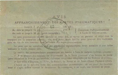 Karta pneumatyczna — Paryż do Anteuiel — wydawca Télégraphe — Rewers