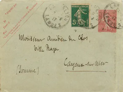 Carta postal expedida de LAMDES — selos de 5c e 10c, datação 'LAMDES 17-8' — destinada ao Sr. Amidien du Clos em Cayeux-sur-Mer